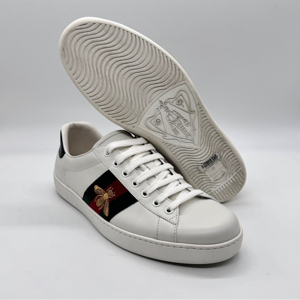 Authentic Gucci Ace Bee Embroidered Leather Sneakers White Men's IT 8 US 8.5 - Picture 15 of 16